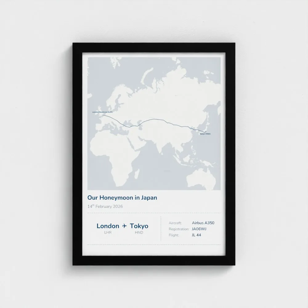 Framed Stories Mapped print titled Our Honeymoon in Japan, London to Tokyo