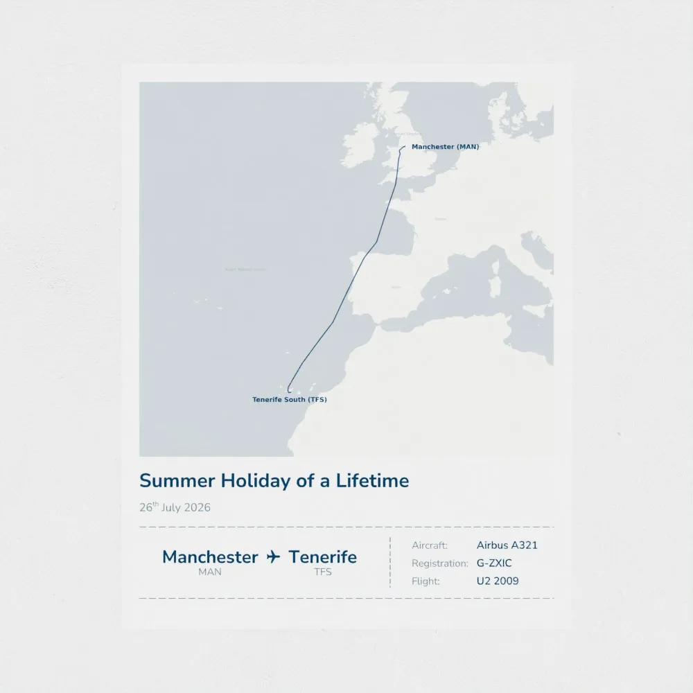 A Stories Mapped print in the Classic map style, showing a plain tonal grey map beneath the route