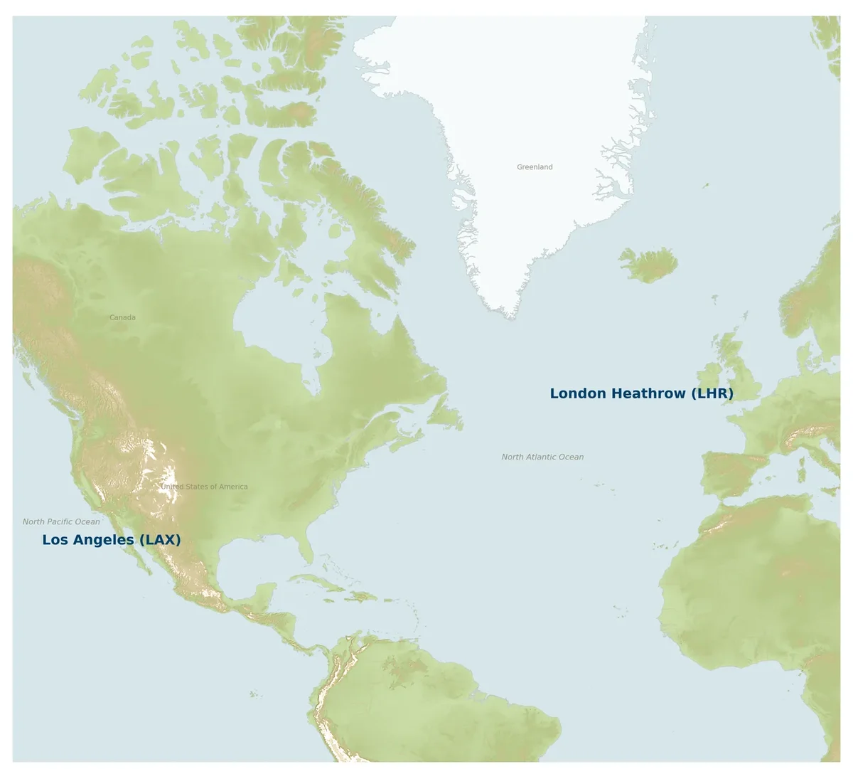 Map of the North Atlantic between London and Los Angeles, with no route drawn