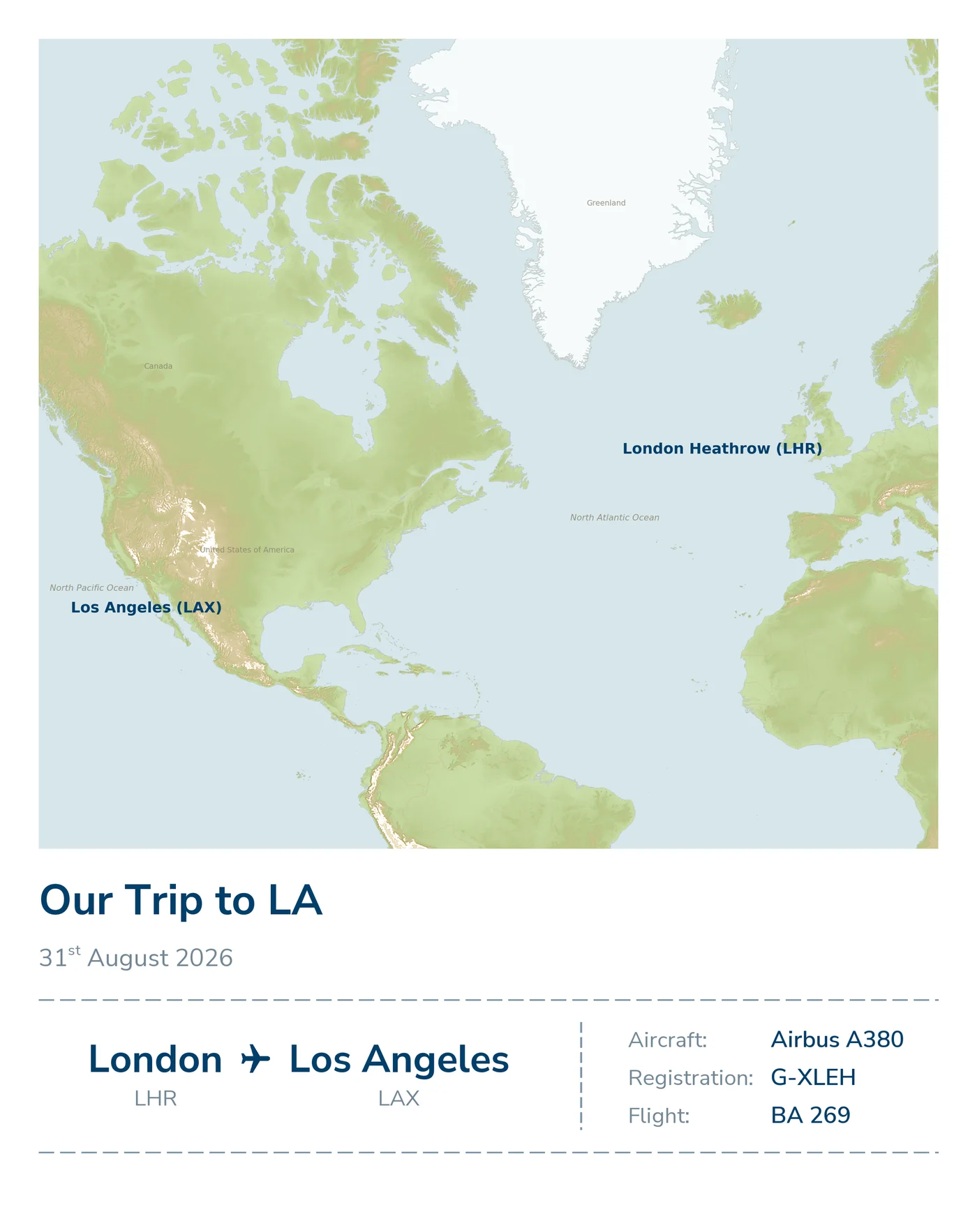 Rendered Stories Mapped print titled Our Trip to LA, showing the route BA269 flew from London Heathrow to Los Angeles