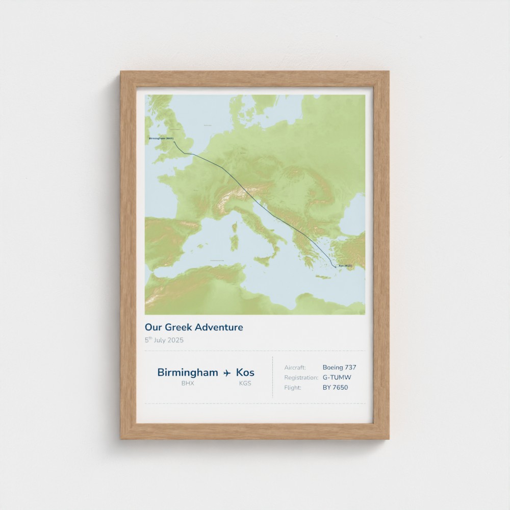 Large natural oak framed Stories Mapped print in the Relief map style
