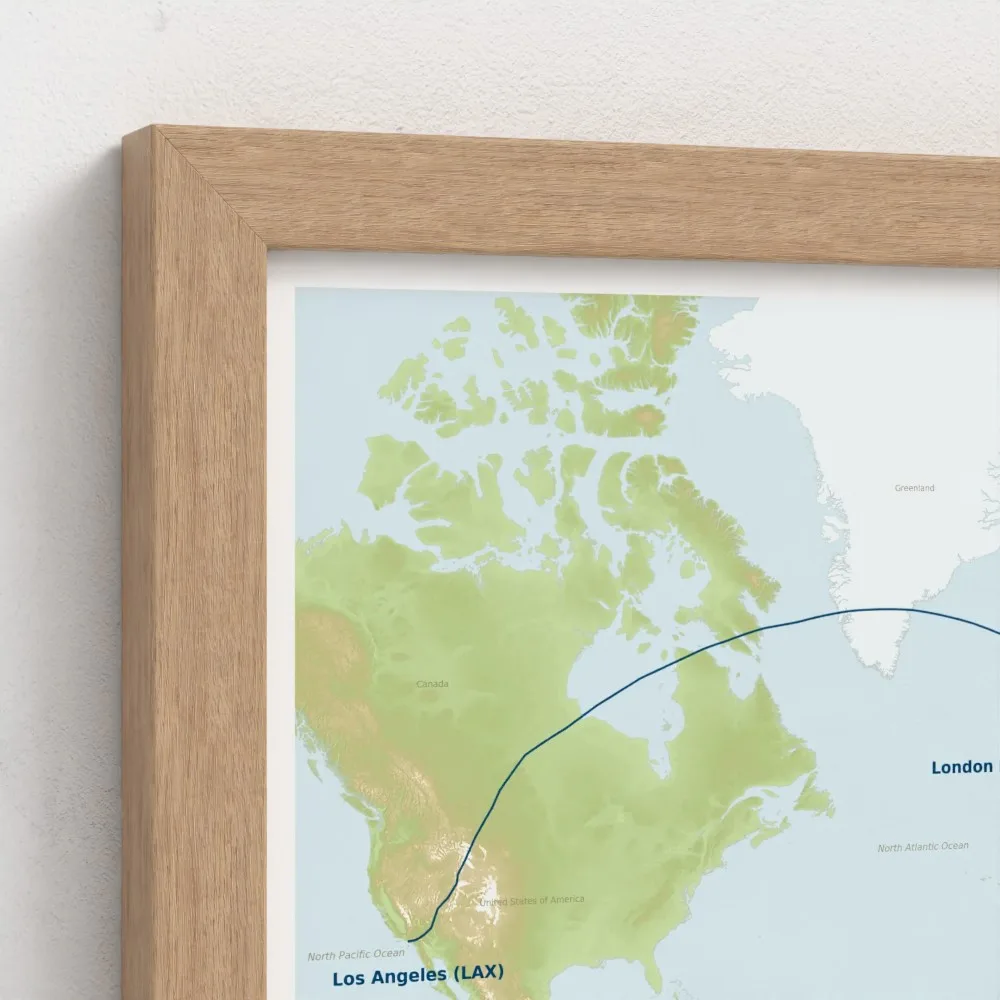 Close-up of a small natural oak framed Stories Mapped print corner in the Relief map style