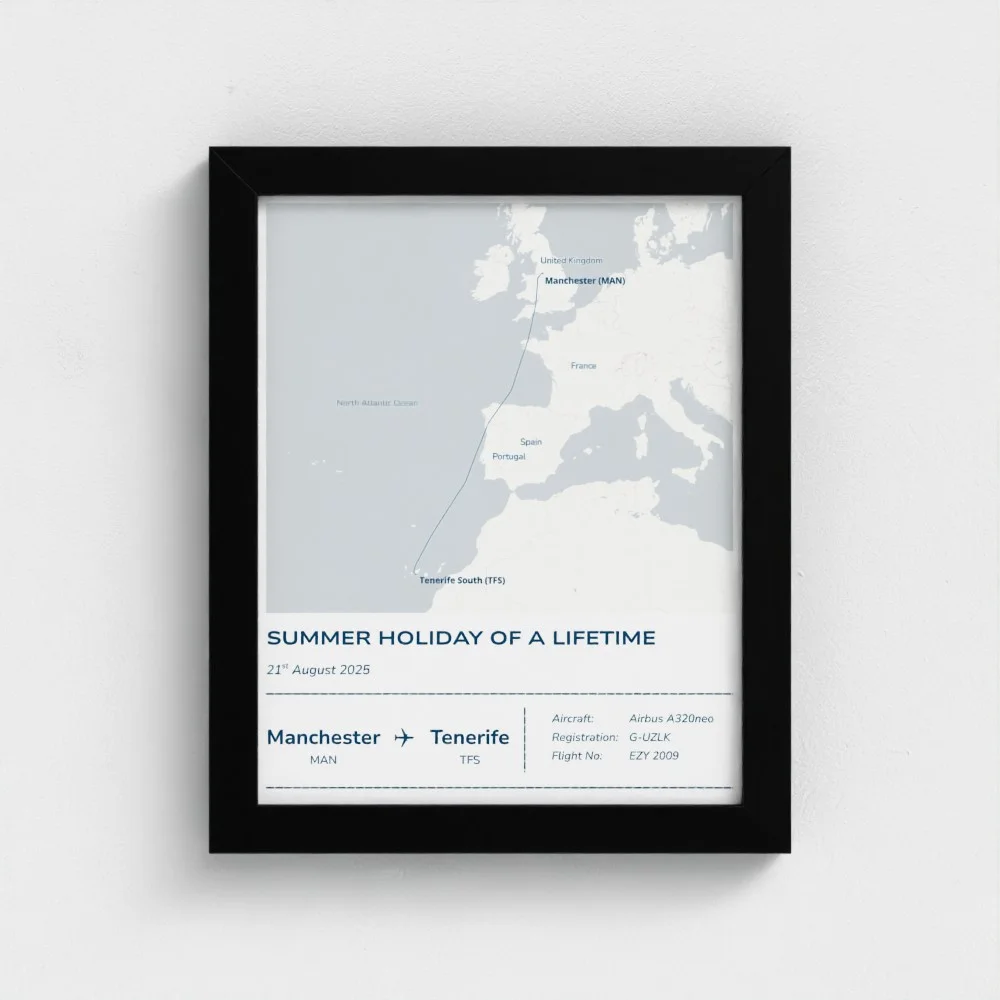 Small framed Stories Mapped print titled Summer Holiday of a Lifetime, Manchester to Tenerife