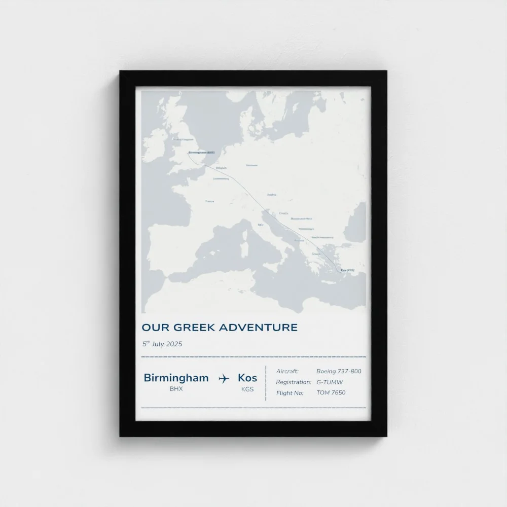 Framed Stories Mapped print titled Our Greek Adventure, Birmingham to Kos